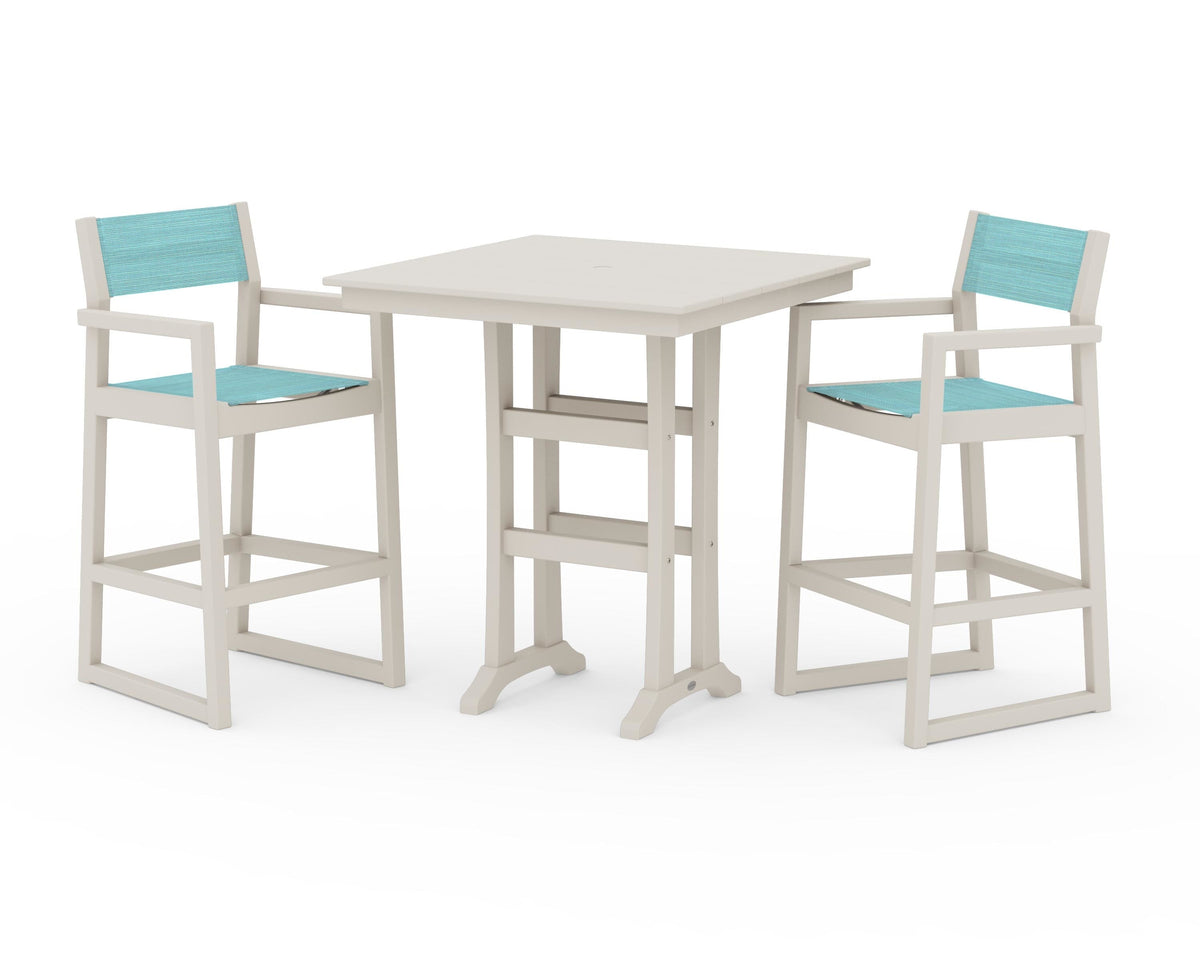 POLYWOOD EDGE Sling Arm Chair 3-Piece Farmhouse Bar Set with Trestle Legs in Sand / Dupioni Aquamarine