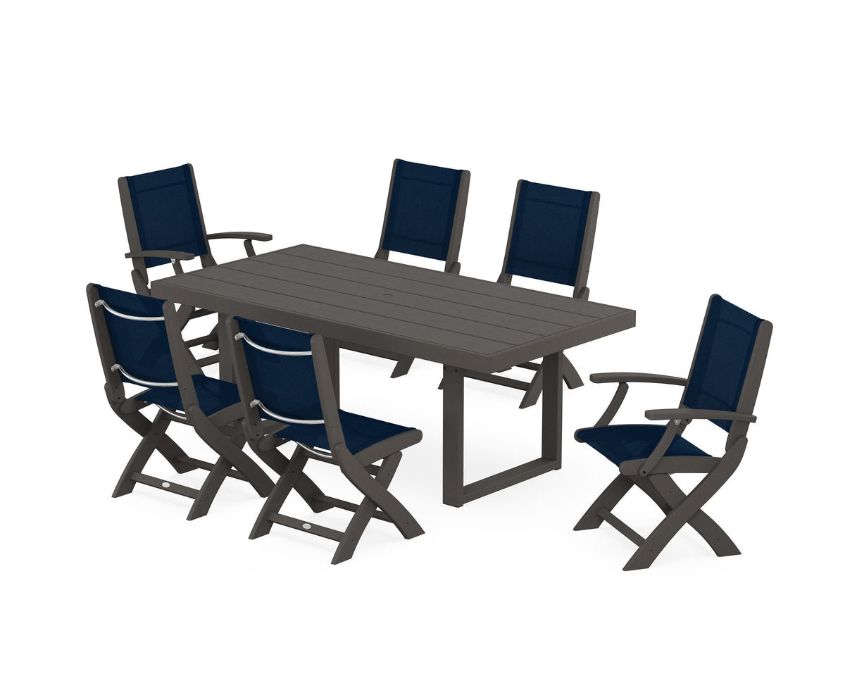 POLYWOOD Coastal Folding Chair 7-Piece Dining Set with Trestle Legs with EDGE 40" x 78" Dining Table in Vintage Coffee / Navy Blue