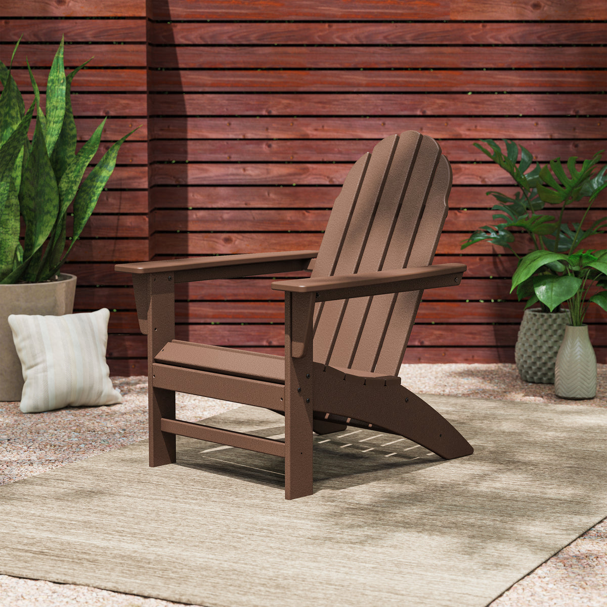 POLYWOOD Vineyard Adirondack Chair in Mahogany styled outdoors