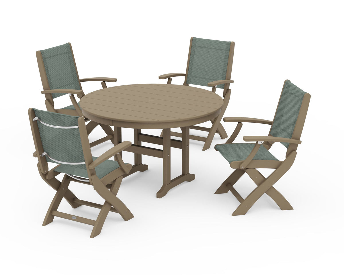 POLYWOOD Coastal Folding Chair 5-Piece Round Dining Set in Vintage Sahara / Dupioni Sea Mist