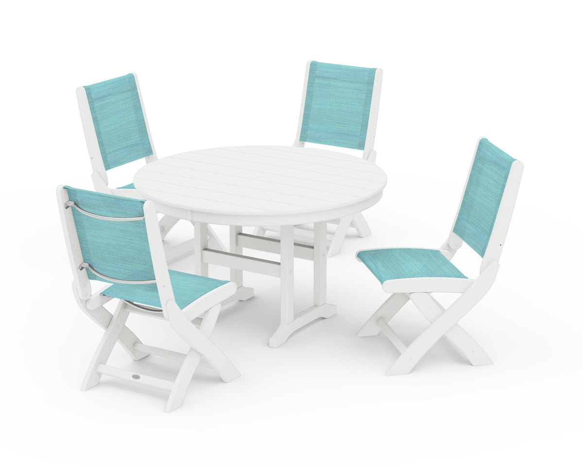 POLYWOOD Coastal Folding Side Chair 5-Piece Round Dining Set in White / Dupioni Aquamarine