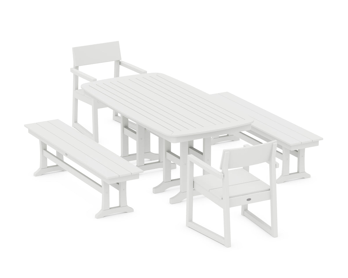 POLYWOOD EDGE 5-Piece Dining Set with Benches (Nautical 37" x 72" Table) in White