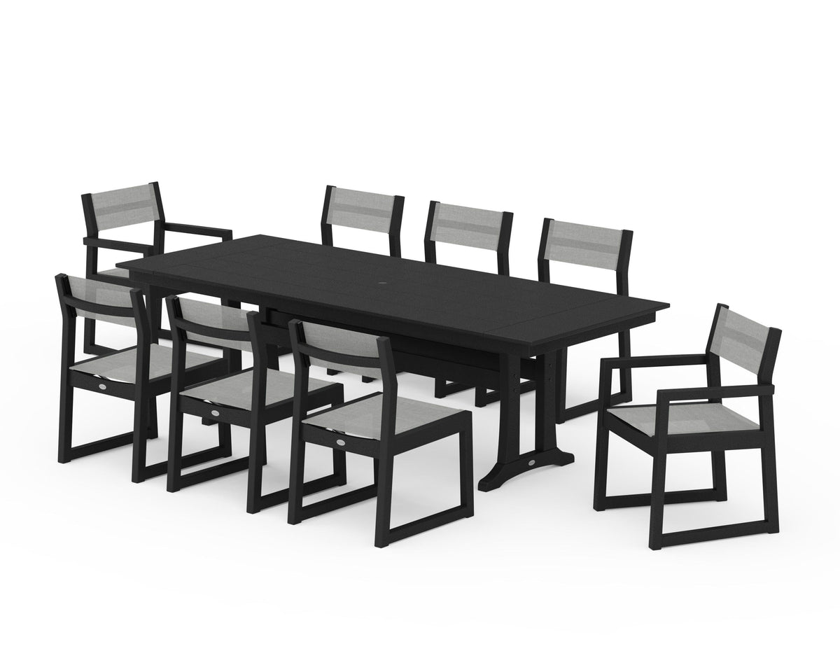POLYWOOD EDGE Sling 9-Piece Farmhouse Trestle Dining Set in Black / Metallic