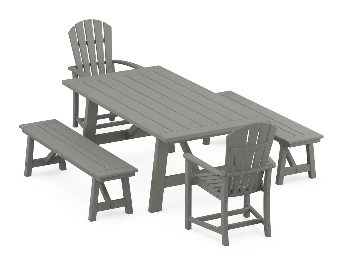 POLYWOOD Palm Coast 5-Piece Rustic Farmhouse Dining Set with Benches in Slate Grey