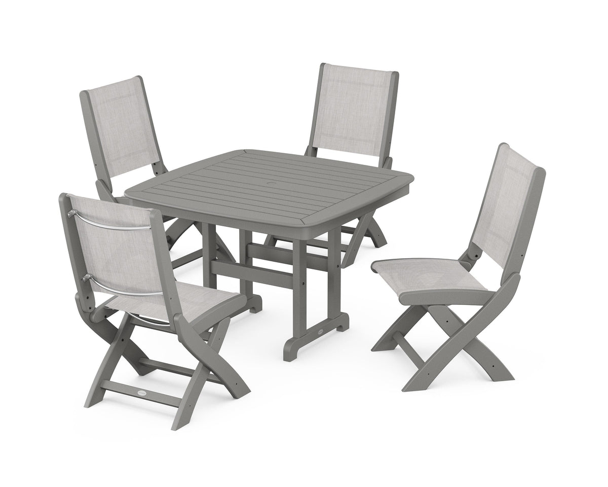POLYWOOD Coastal Folding Side Chair 5-Piece Dining Set with Nautical 44" Dining Table in Slate Grey / Parchment