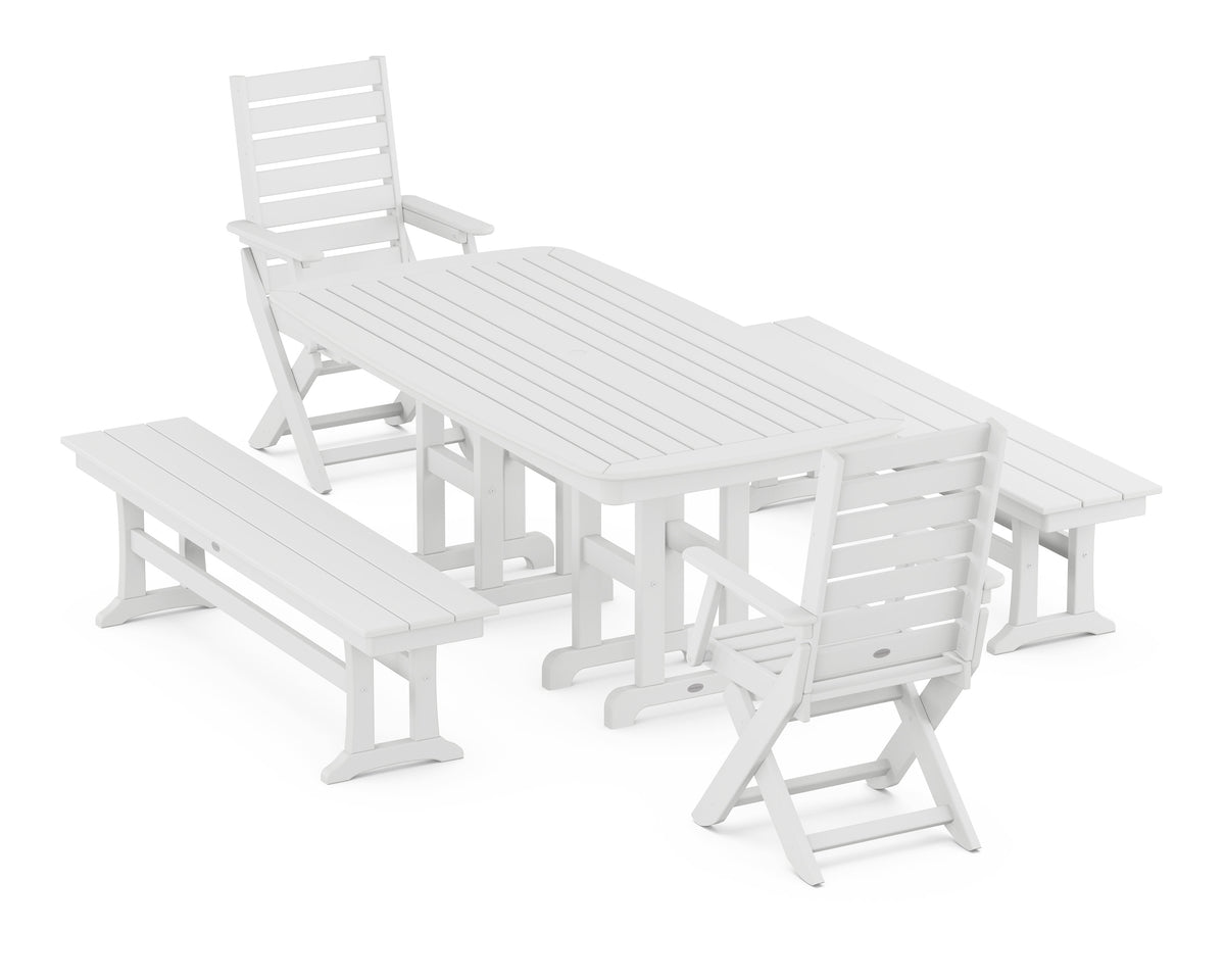 POLYWOOD Captain Folding Chair 5-Piece Dining Set with Benches - 37" x 72" Table in White