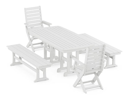 POLYWOOD Captain Folding Chair 5-Piece Dining Set with Benches - 37" x 72" Table in White