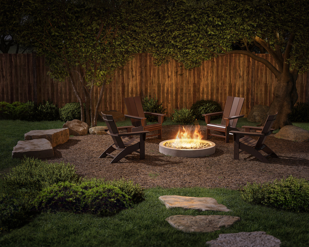 POLYWOOD 4-Piece Modern Curveback Adirondack Conversation Set in Mahogany in an outdoor setting