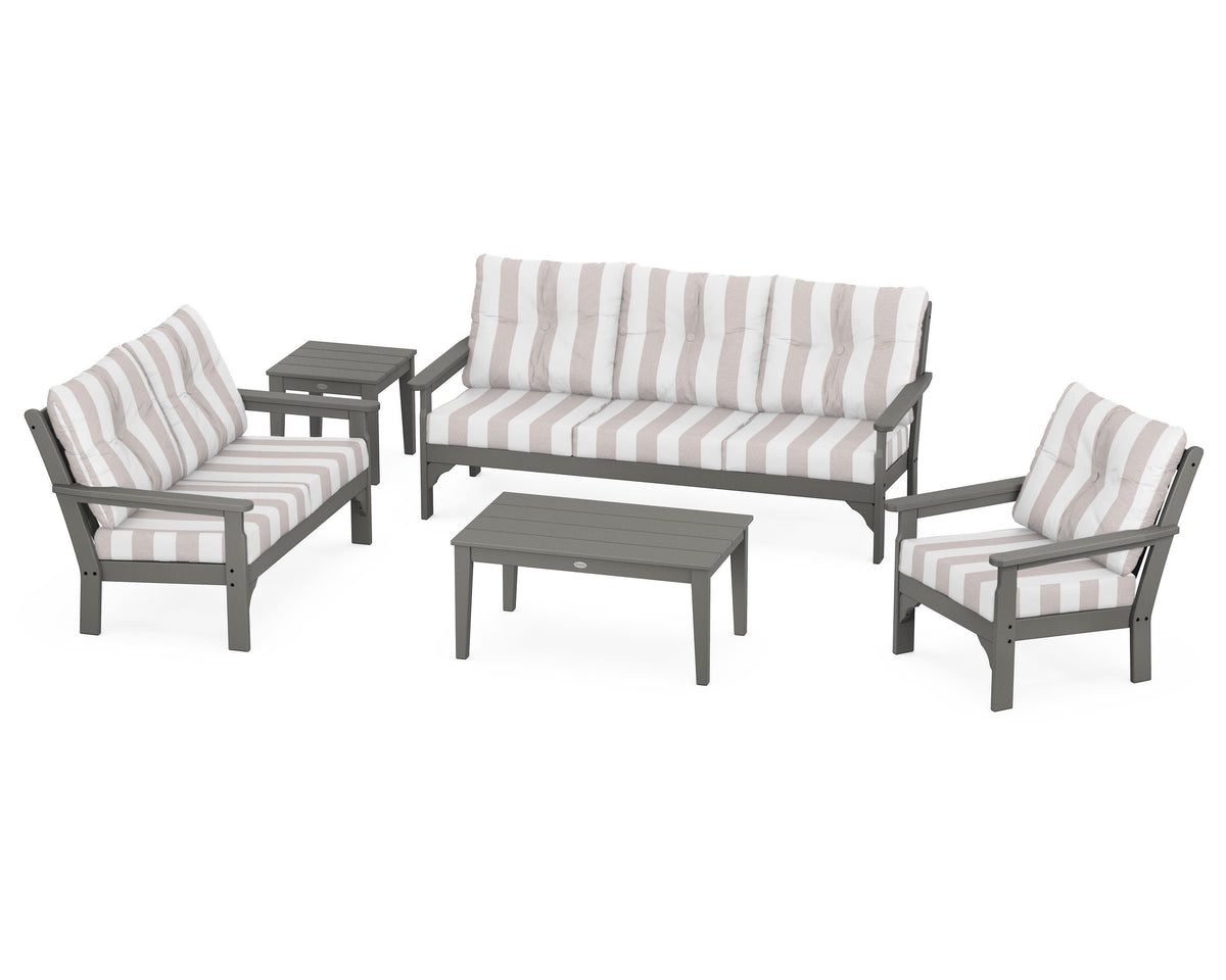 POLYWOOD Vineyard 5-Piece Deep Seating Set with Sofa in Slate Grey / Cabana Stripe Dune Burlap