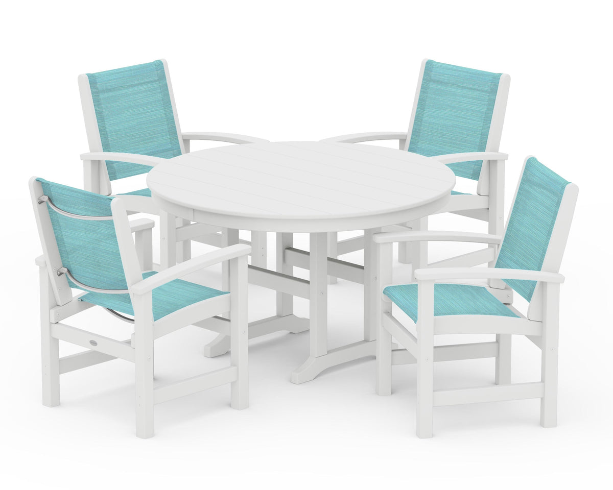 POLYWOOD Coastal 5-Piece Round Farmhouse Dining Set in White / Dupioni Aquamarine