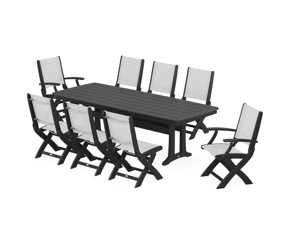 POLYWOOD Coastal Folding 9-Piece Dining Set with Trestle Legs in Black / White
