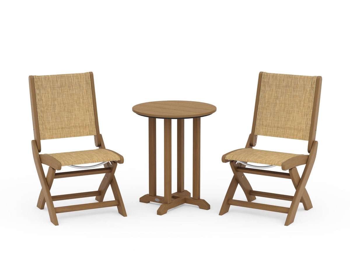 POLYWOOD Coastal Folding Side Chair 3-Piece Round Bistro Dining Set in Natural / Burlap
