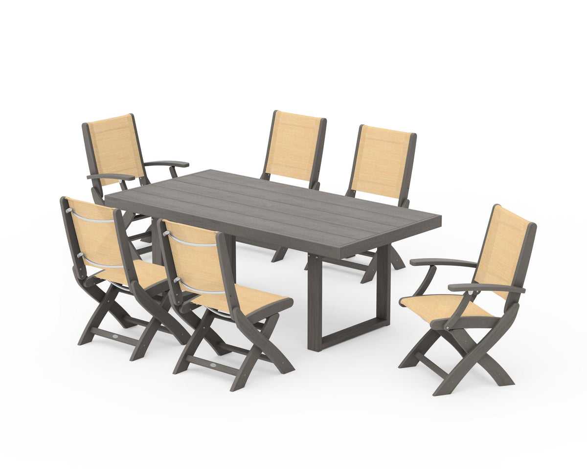 POLYWOOD Coastal Folding Chair 7-Piece Dining Set with Trestle Legs with EDGE 40" x 78" Dining Table in Driftwood / Dupioni Apricot