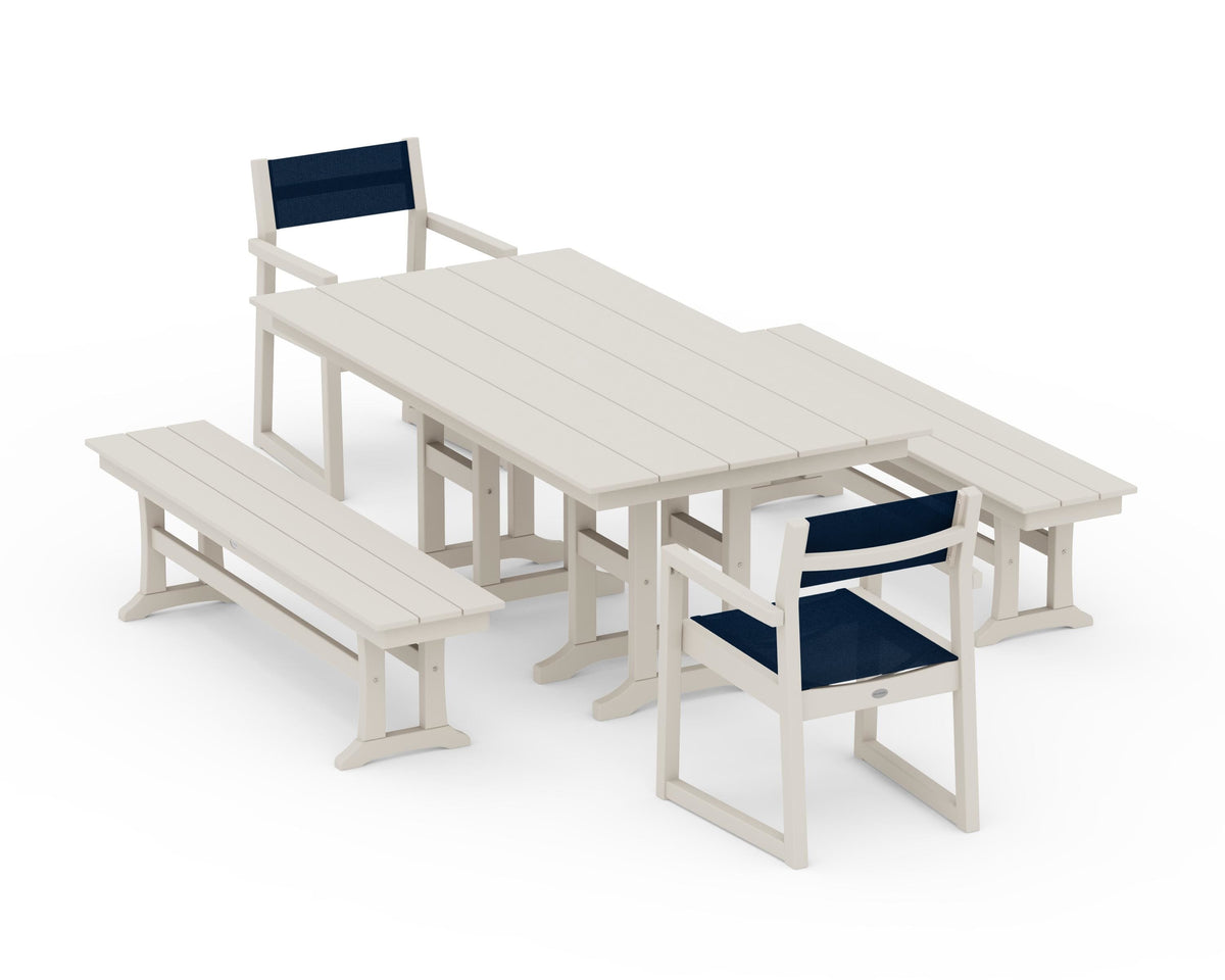POLYWOOD EDGE Sling Arm Chair 5-Piece Farmhouse Dining Set with Benches in Sand / Navy Blue