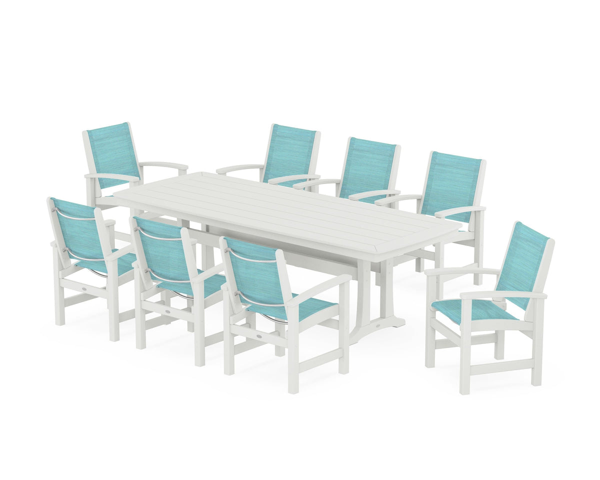 POLYWOOD Coastal 9-Piece Dining Set with Trestle Legs in Vintage White / Dupioni Aquamarine