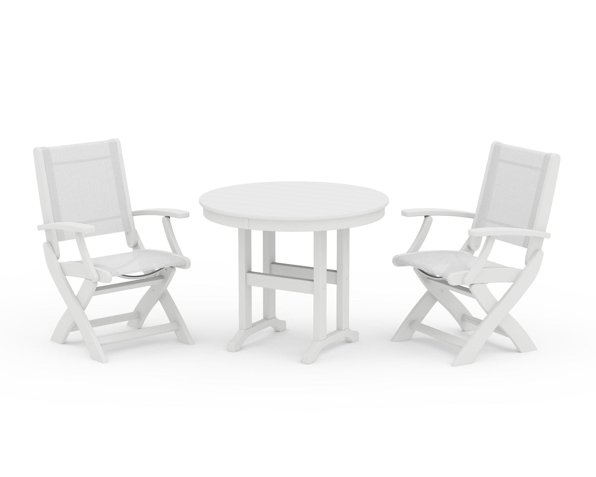 POLYWOOD Coastal Folding Chair 3-Piece Round Dining Set in White / White