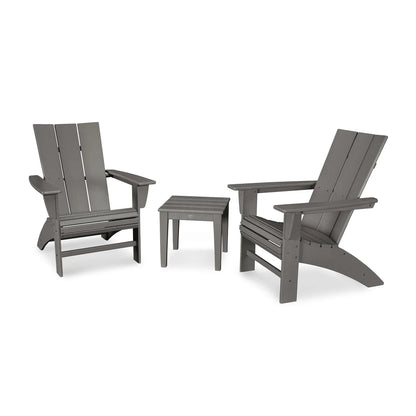 Two gray Adirondack chairs with a matching side table on a white background