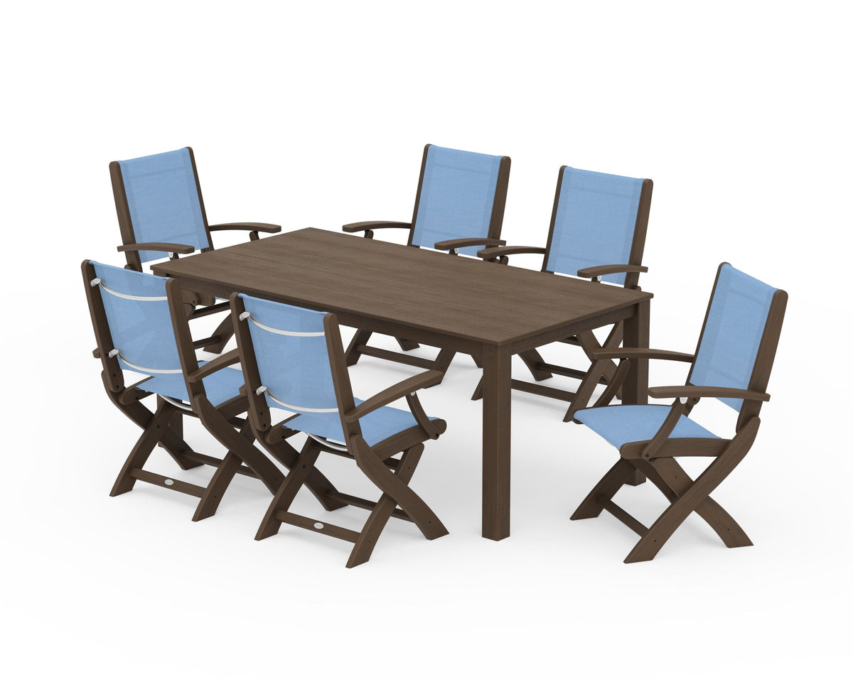 POLYWOOD Coastal Folding Chair 7-Piece Parsons Dining Set in Kona / Poolside