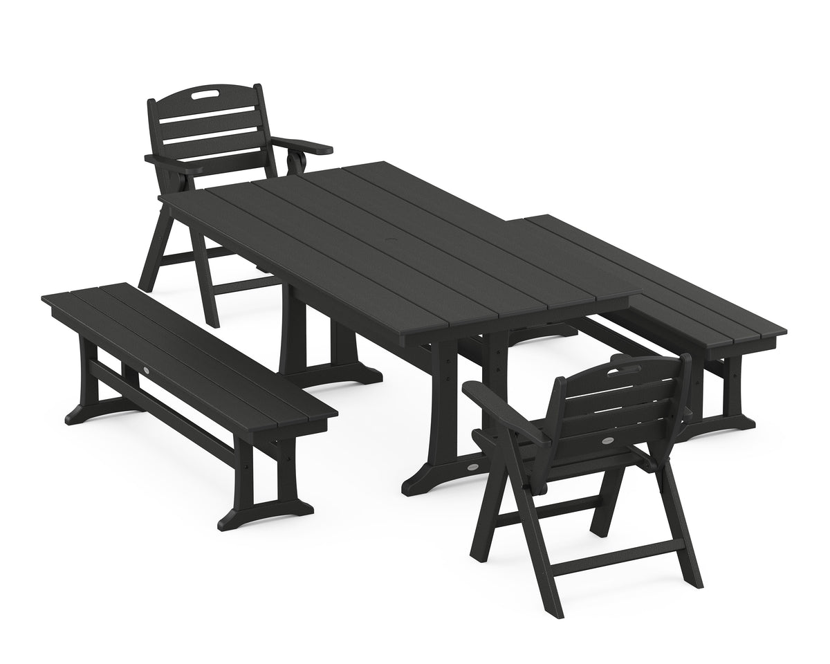 POLYWOOD Nautical Folding Lowback Chair 5-Piece Farmhouse Dining Set with Trestle Legs - 37" x 72" Table in Black
