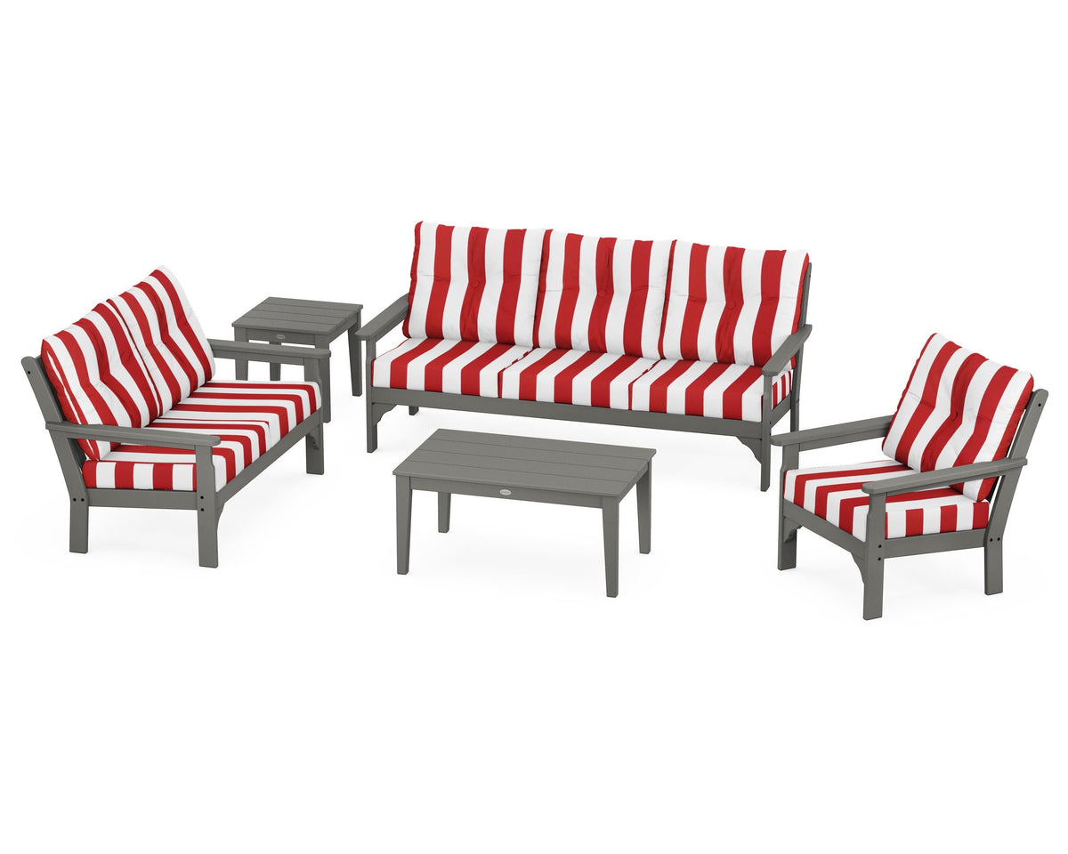 POLYWOOD Vineyard 5-Piece Deep Seating Set with Sofa in Slate Grey / Cabana Stripe Crimson