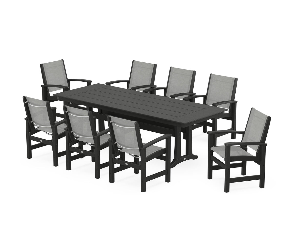 POLYWOOD Coastal 9-Piece Farmhouse Dining Set with Trestle Legs in Black / Metallic