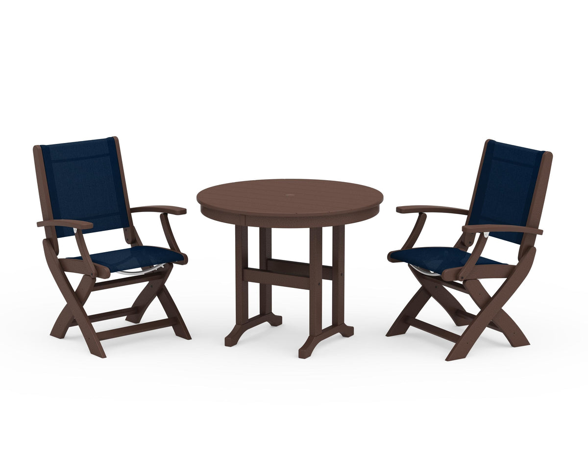 POLYWOOD Coastal Folding Chair 3-Piece Round Dining Set in Mahogany / Navy Blue