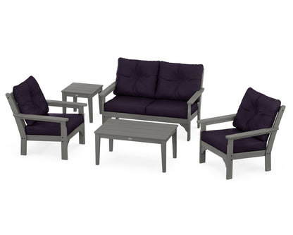 POLYWOOD Vineyard 5-Piece Deep Seating Set with Two Chairs and Loveseat in Slate Grey / Navy Linen