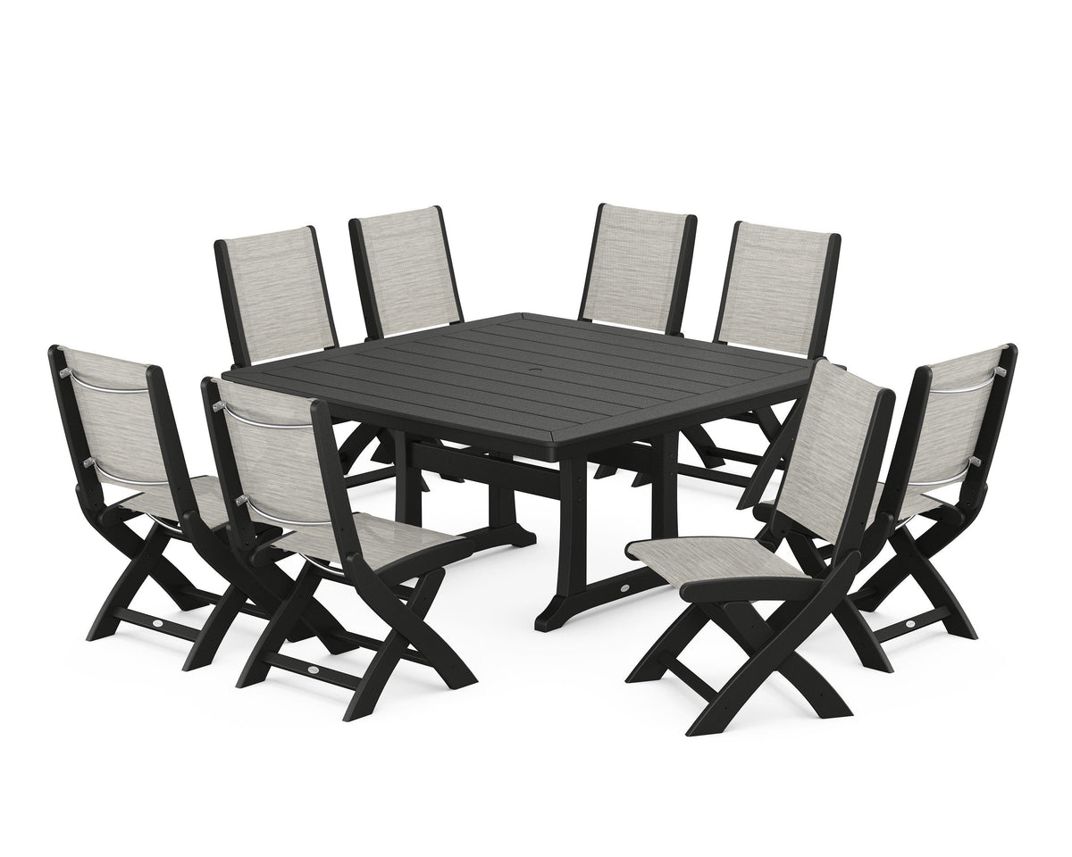 POLYWOOD Coastal Folding Side Chair 9-Piece Dining Set with Trestle Legs in Black / Birch