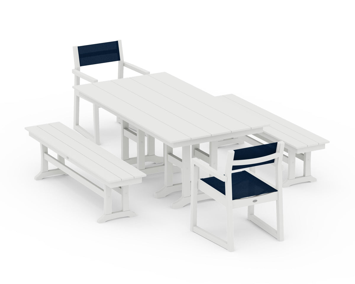 POLYWOOD EDGE Sling Arm Chair 5-Piece Farmhouse Dining Set with Benches in Vintage White / Navy Blue