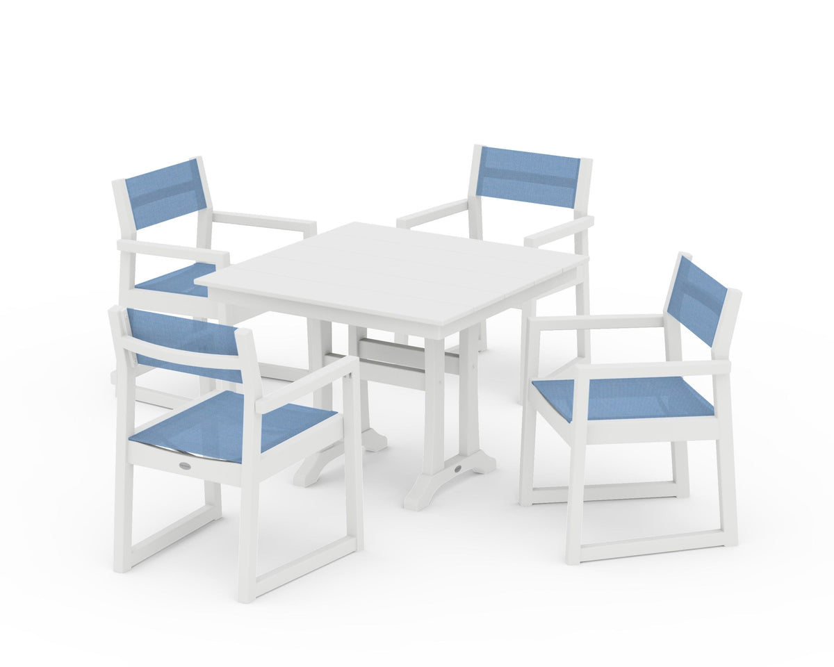 POLYWOOD EDGE Sling 5-Piece Farmhouse Dining Set with Trestle Legs in White / Poolside