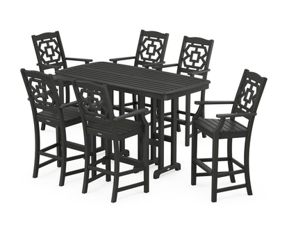 POLYWOOD Chinoiserie Arm Chair 7-Piece Bar Set in Black