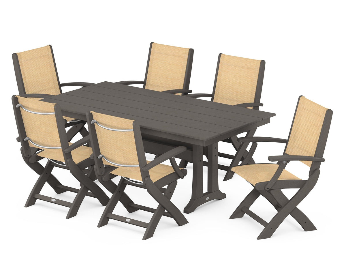 POLYWOOD Coastal Folding Arm Chair 7-Piece Farmhouse Dining Set with Trestle Legs in Vintage Coffee / Dupioni Apricot