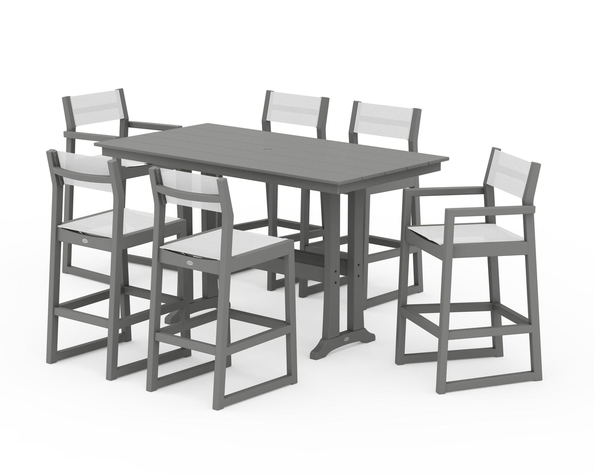 POLYWOOD EDGE Sling 7-Piece Farmhouse Bar Set with Trestle Legs in Slate Grey / White