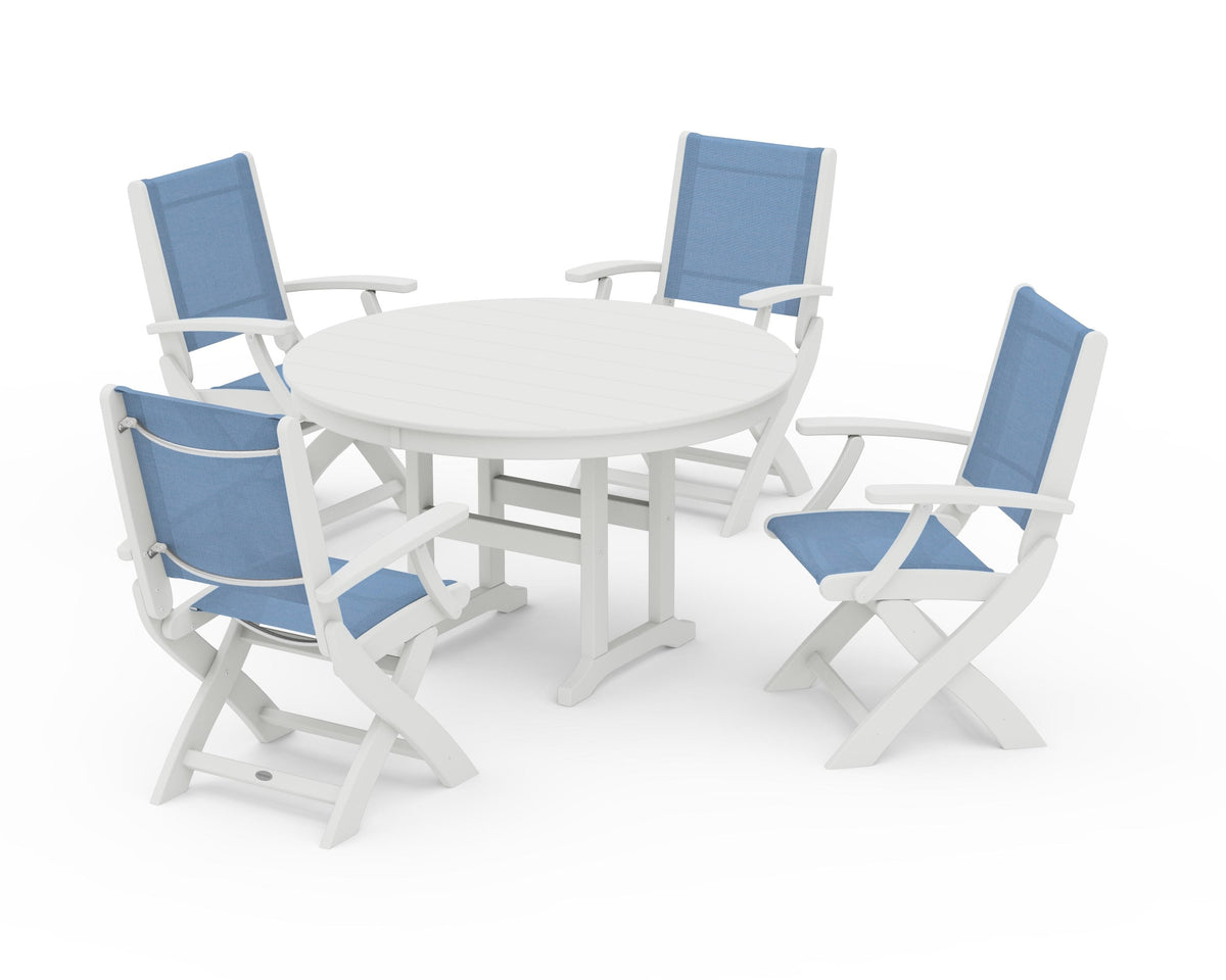 POLYWOOD Coastal Folding Chair 5-Piece Round Dining Set in Vintage White / Poolside