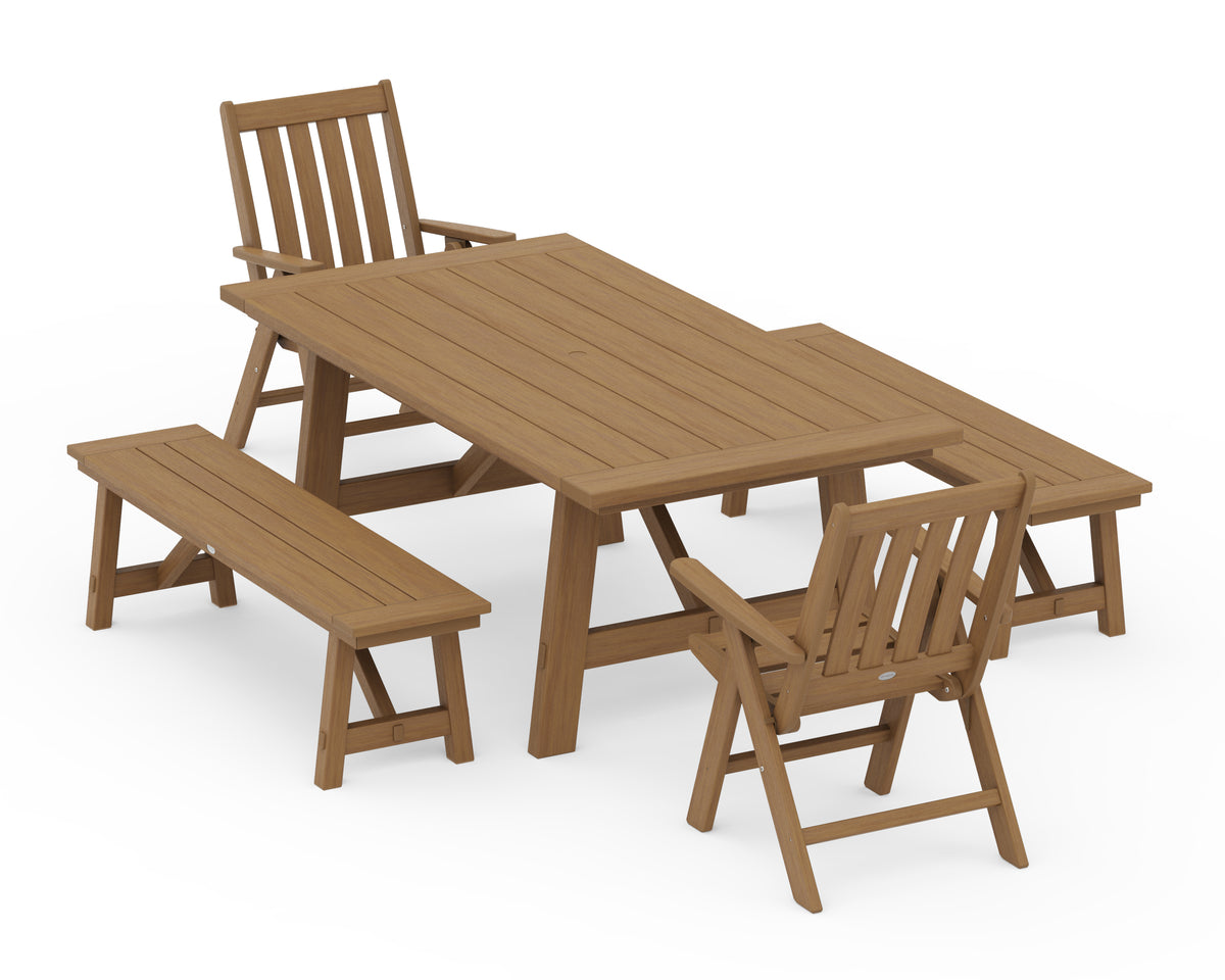 POLYWOOD Vineyard Folding Chair 5-Piece Rustic Farmhouse Dining Set with Benches in Natural