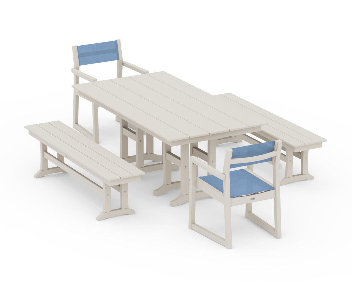 POLYWOOD EDGE Sling Arm Chair 5-Piece Farmhouse Dining Set with Benches in Sand / Poolside