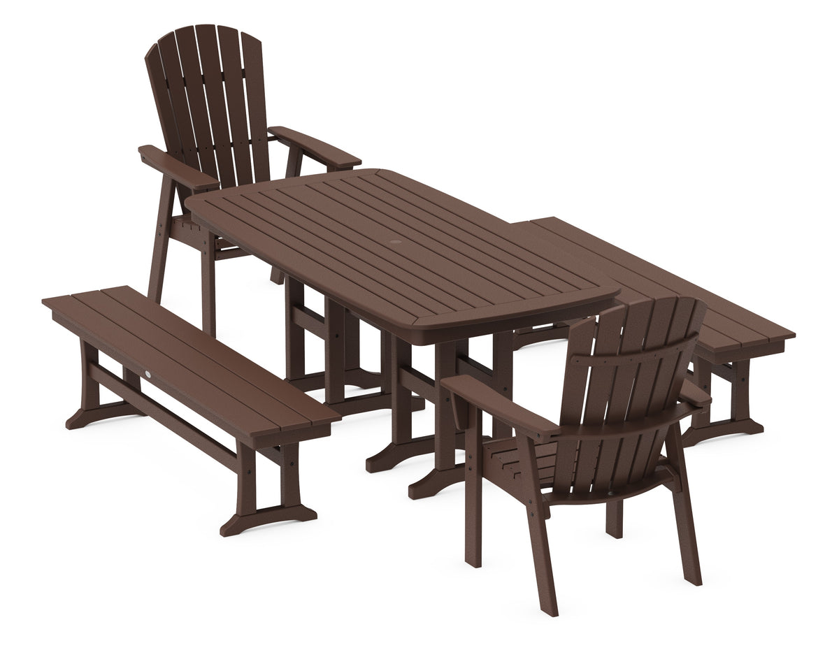 POLYWOOD Nautical Curveback Adirondack 5-Piece Dining Set with Benches - 37" x 72" Table in Mahogany