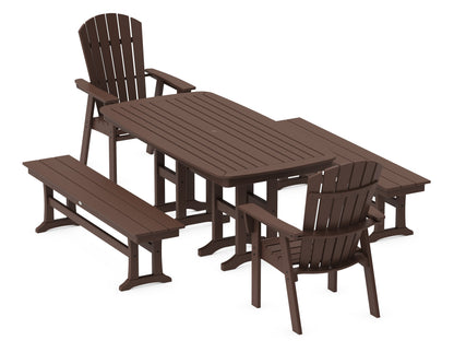 POLYWOOD Nautical Curveback Adirondack 5-Piece Dining Set with Benches - 37" x 72" Table in Mahogany