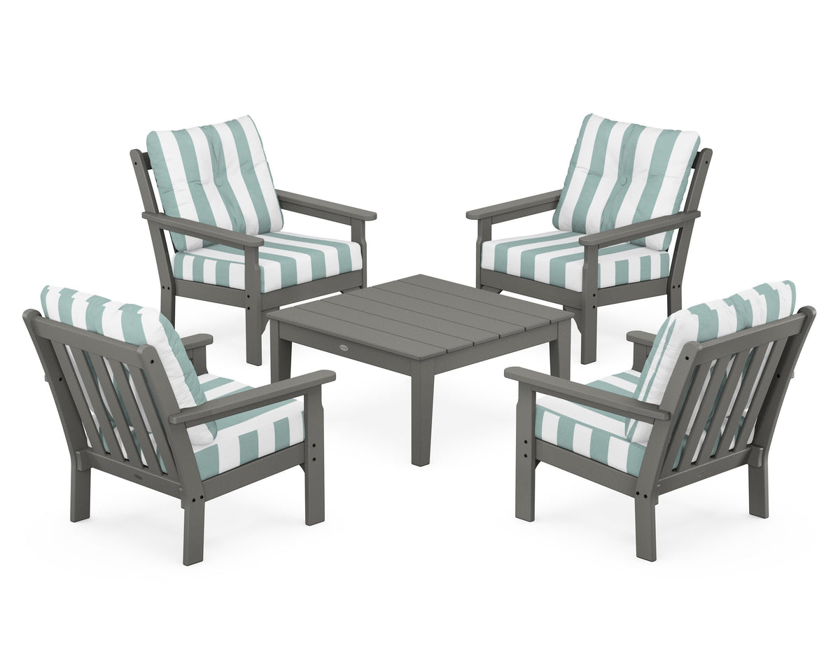 POLYWOOD Vineyard 5-Piece Deep Seating Conversation Set in Slate Grey / Cabana Stripe Glacier Spa