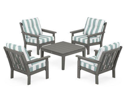 POLYWOOD Vineyard 5-Piece Deep Seating Conversation Set in Slate Grey / Cabana Stripe Glacier Spa