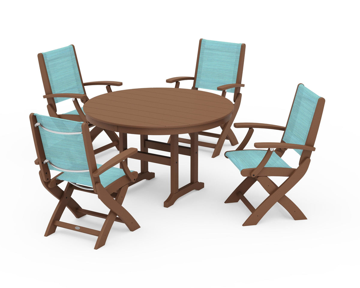 POLYWOOD Coastal Folding Chair 5-Piece Round Dining Set in Teak / Dupioni Aquamarine