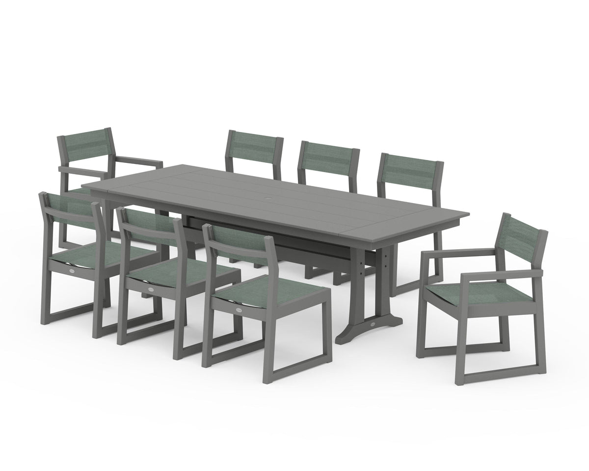 POLYWOOD EDGE Sling 9-Piece Farmhouse Trestle Dining Set in Slate Grey / Dupioni Sea Mist