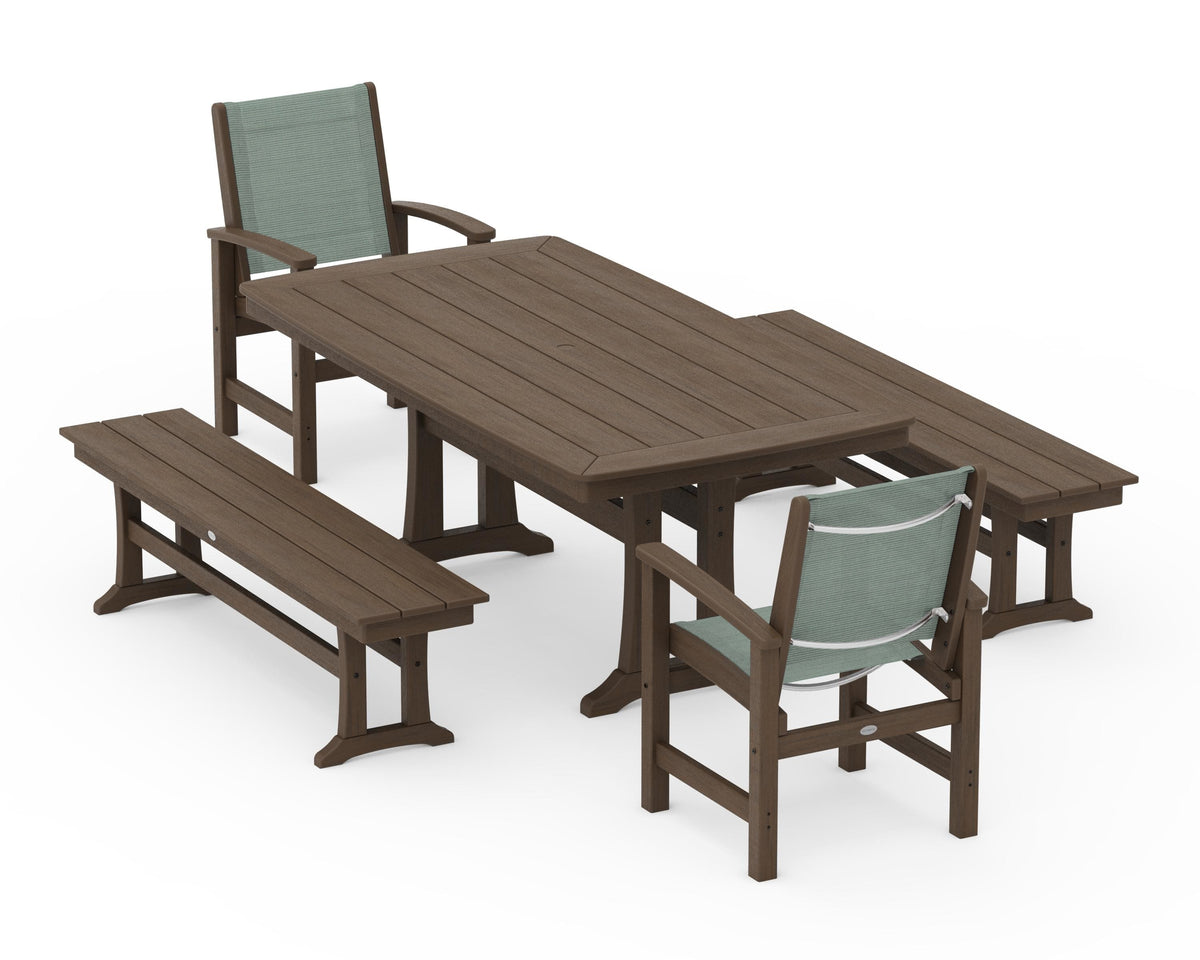 POLYWOOD Coastal 5-Piece Dining Set with Trestle Legs and Benches in Kona / Dupioni Sea Mist