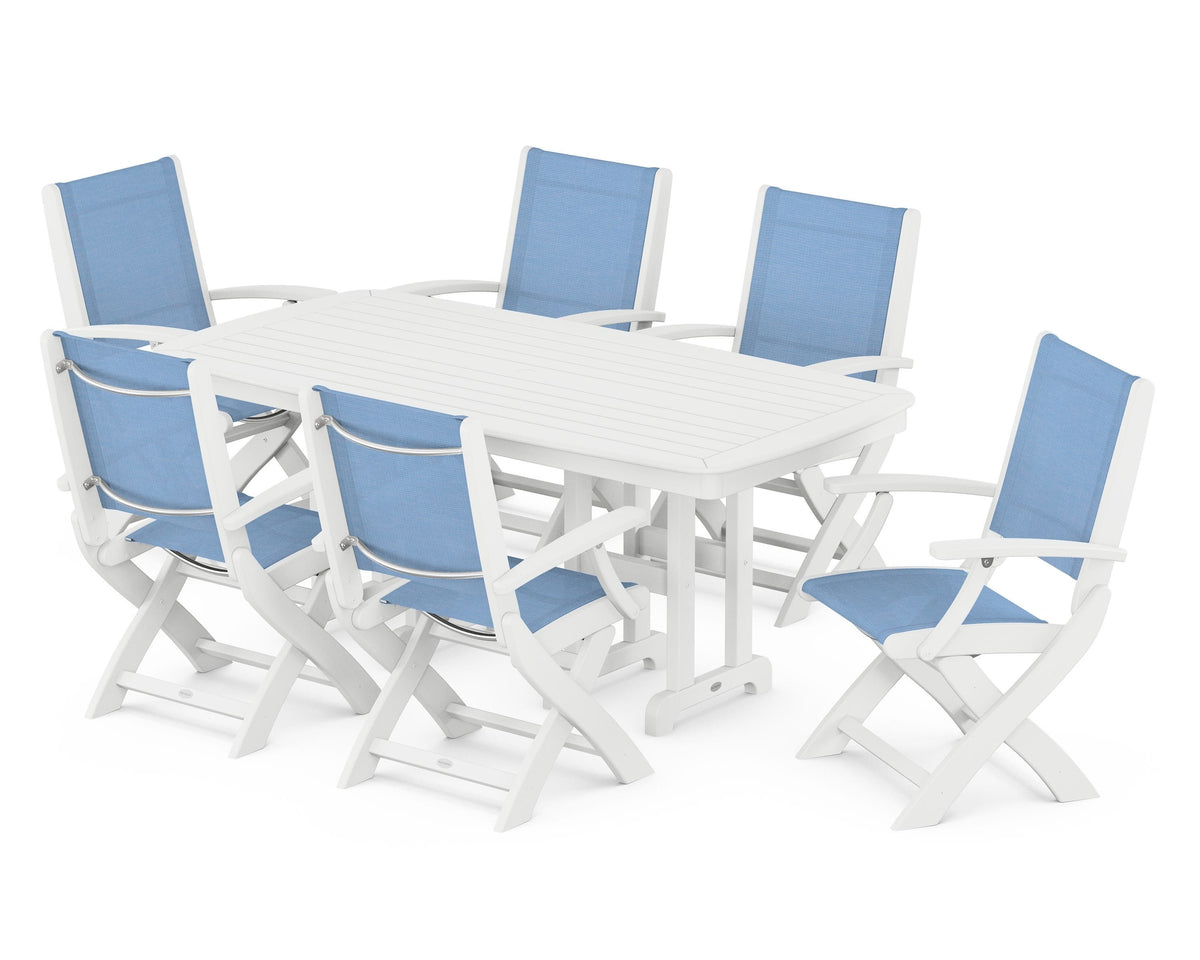 POLYWOOD Coastal Folding Arm Chair 7-Piece Dining Set in White / Poolside
