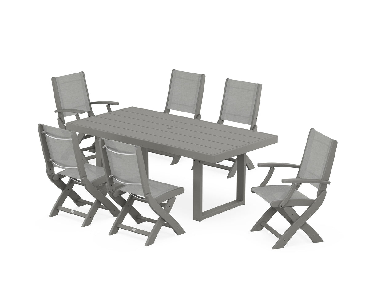 POLYWOOD Coastal Folding Chair 7-Piece Dining Set with Trestle Legs with EDGE 40" x 78" Dining Table in Slate Grey / Metallic