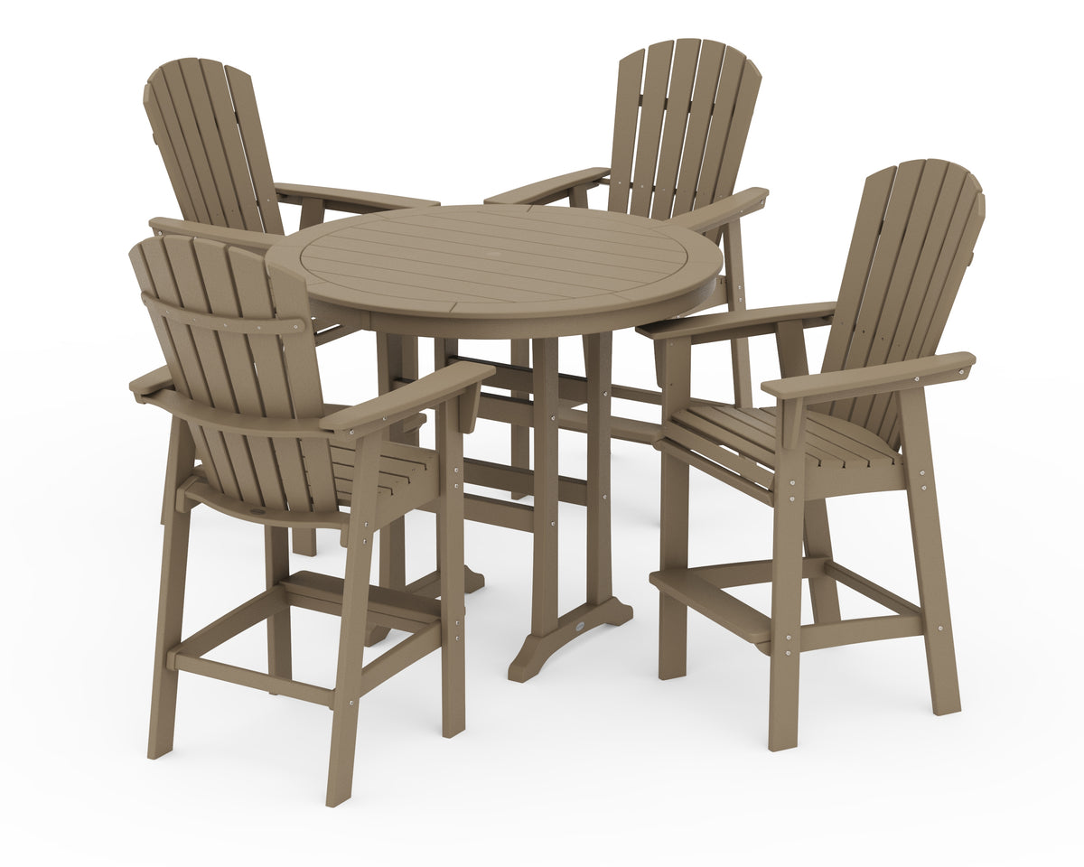 POLYWOOD Nautical Curveback Adirondack 5-Piece Round Trestle Bar Set in Vintage Sahara