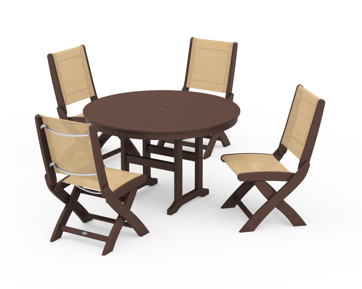 POLYWOOD Coastal Folding Side Chair 5-Piece Round Dining Set in Mahogany / Dupioni Apricot