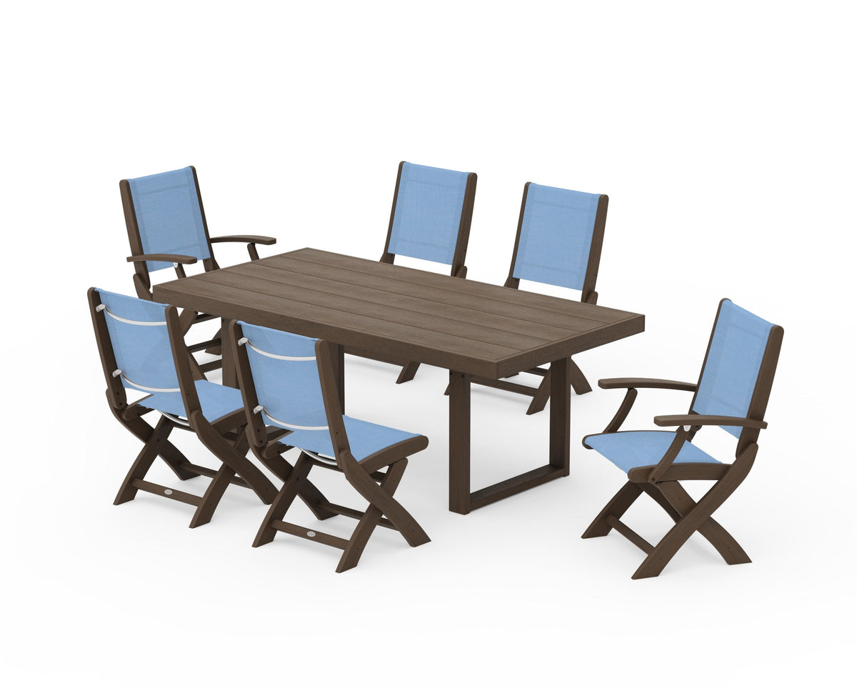 POLYWOOD Coastal Folding Chair 7-Piece Dining Set with Trestle Legs with EDGE 40" x 78" Dining Table in Kona / Poolside