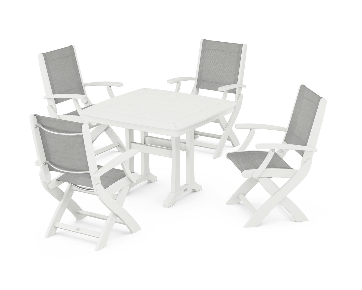 POLYWOOD Coastal Folding Chair 5-Piece Dining Set with Trestle Legs in Vintage White / Metallic