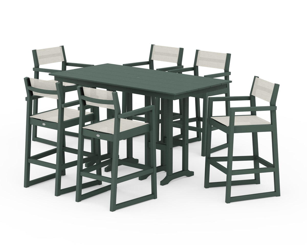 POLYWOOD EDGE Sling Arm Chair 7-Piece Farmhouse Bar Set in Green / Parchment